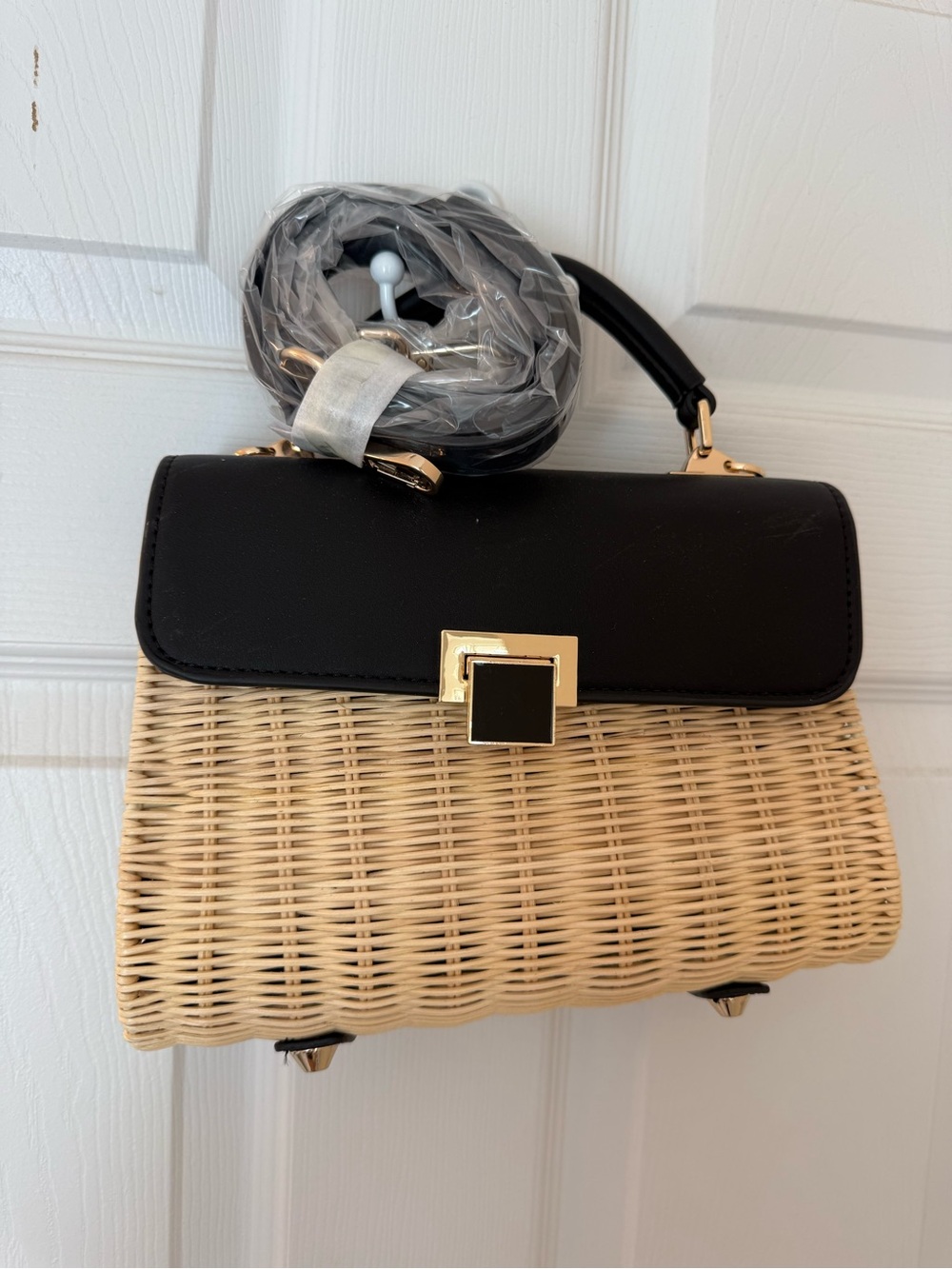 Woven Rattan Satchel with Black Top Flap and Gold Hardware